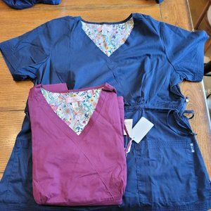 Koi Scrub nurse tops LOT OF 2; 2X Wine, 2X Blue.  Katelyn style 137. New